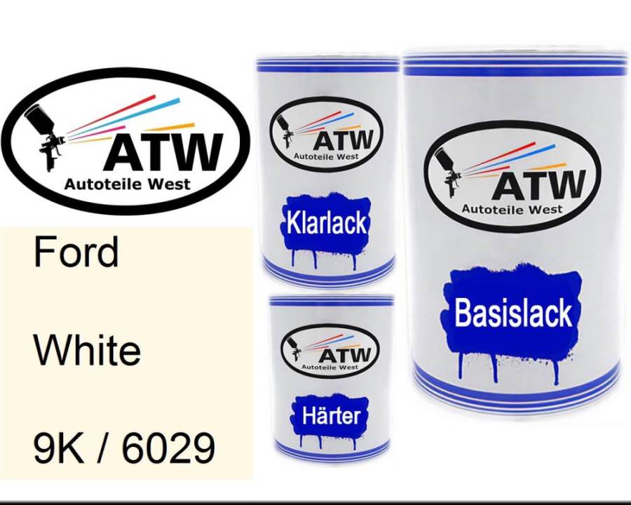 Ford, White, 9K / 6029: 500ml Lackdose + 500ml Klarlack + 250ml Härter - Set, von ATW Autoteile West.